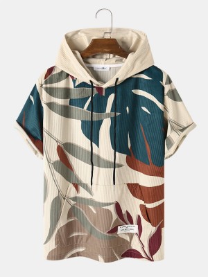 Men Tropical Plant Print Corduroy Casual Short Sleeve Hooded T  Shirts