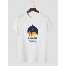 Men Cartoon Print Cotton Ramadan Hem Cuff Crew Neck Casual T  Shirt