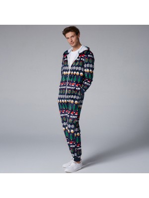 Mens Christmas Pattern Onesies Hooded Zip Down Holiday Pajama Set Printing Loungewear