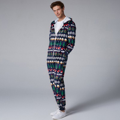 Mens Christmas Pattern Onesies Hooded Zip Down Holiday Pajama Set Printing Loungewear