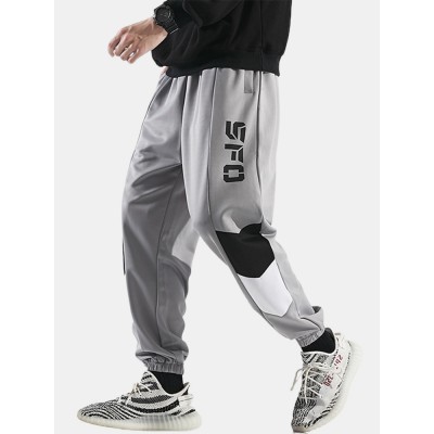 Mens Letter Print Stitching Cotton Drawstring Cuffed Jogger Pants With Pocket