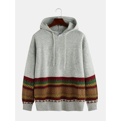 Mens Autumn Casual National Style Print Solid Color Long Sleeve Pullover Knitted Hoodie Sweaters