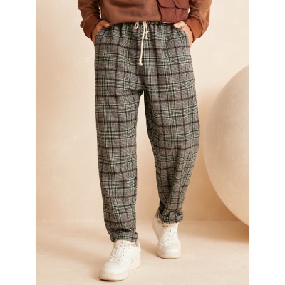 Men Glen Plaid Drawstring Waist Pockets Straight Casual Pants