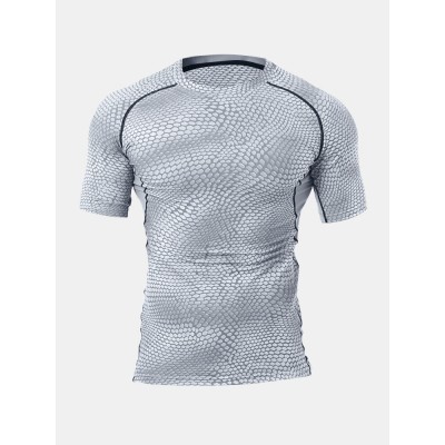 Men Snakes Skin Print High Elasticity Crew Neck Casual Short Sleeve Soft T  Shirts