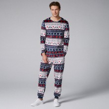 Mens Two  Pieces O Neck Christmas Pajama Set Peers Fairisle Printing Sleepwear Loungewear