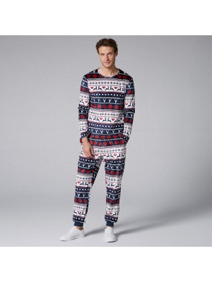 Mens Two  Pieces O Neck Christmas Pajama Set Peers Fairisle Printing Sleepwear Loungewear