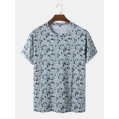 Men Cotton Floral Print Hem Cuff O Neck Short Sleeve Casual T  Shirt