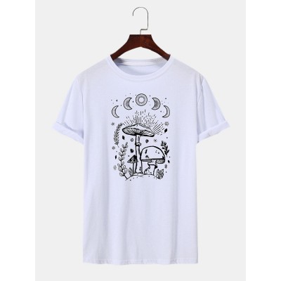 Men Mushroom Print Round Neck Hem Cuff Short Sleeve Casual T  Shirt