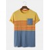 Men Cotton Contrast Striped Colorblock Chest Pocket Short Sleeve Leisure T  Shirt