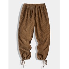 Men Corduroy Solid Drawstring Waist Cuffed Casual Jogger Pants