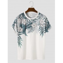 Mens Floral Plant Print Crew Neck Holiday Short Sleeve T  Shirts