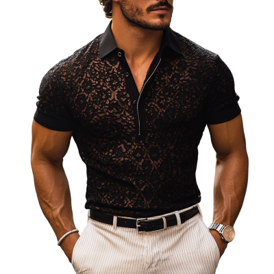 Men's Fashion Lace Lapel Short Sleeve Casual Polo Shirt MTA1296E2Z